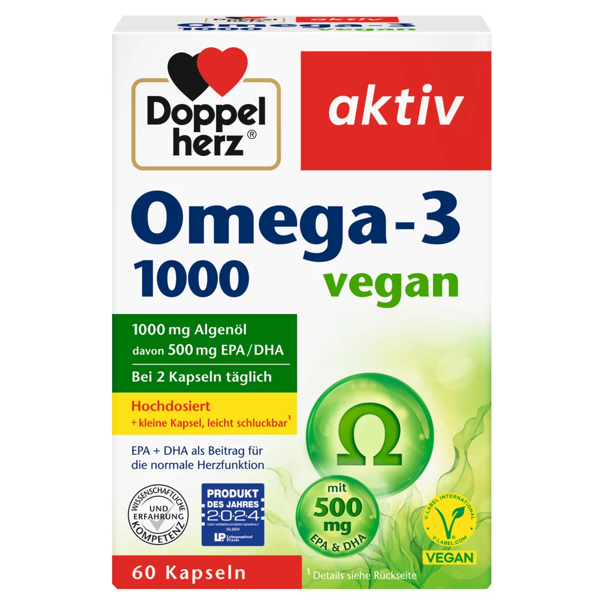 Abbildung der Produktverpackung Doppelherz aktiv Omega-3 1000 vegan Frontansicht